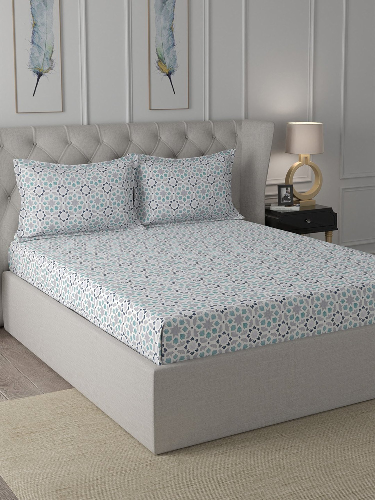 In-House by Maspar Blue 200 TC Cotton Printed Bed Sheet with 2 Pillow Cover