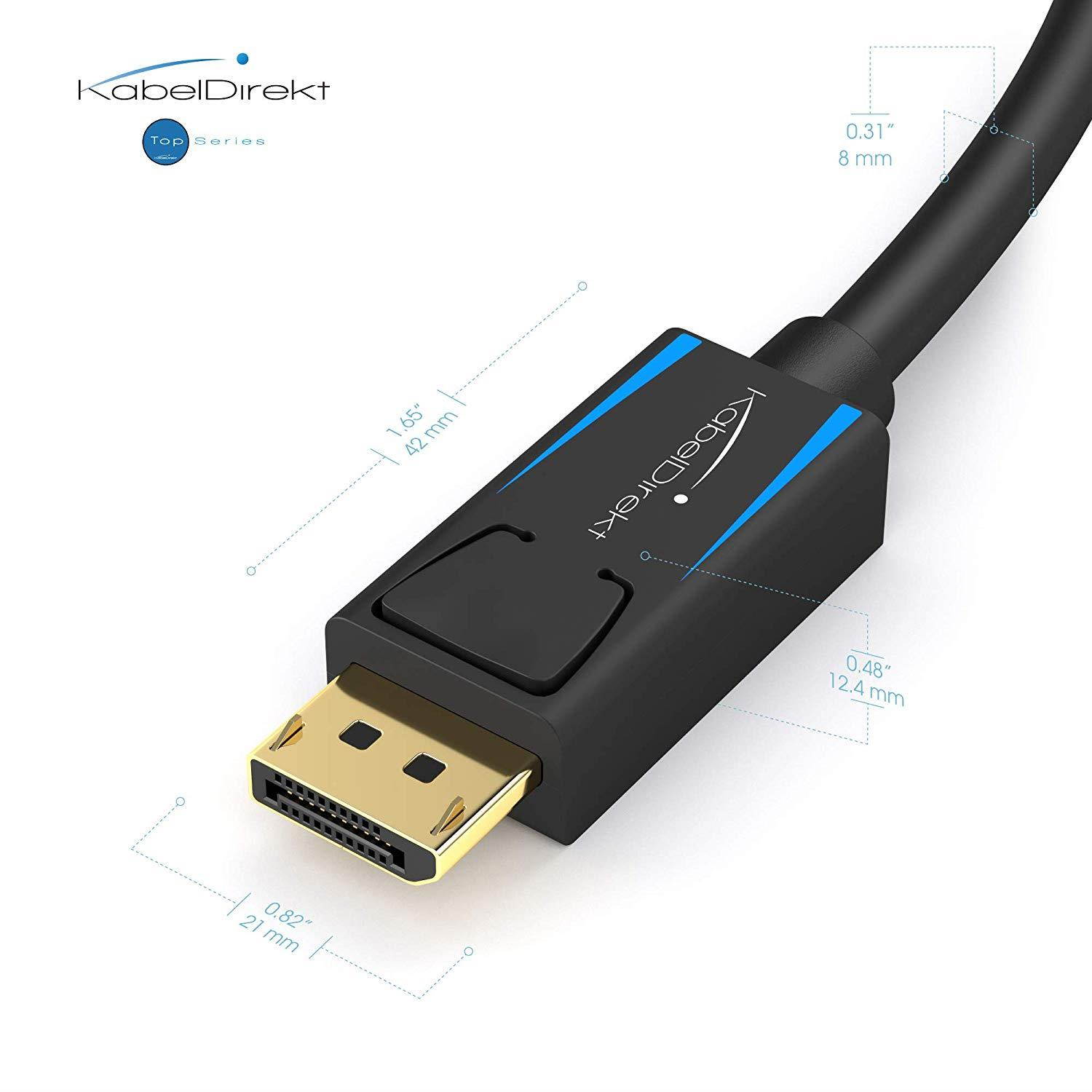 KabelDirekt - 8K DisplayPort (DP to DP) Cable - 10ft - (up to 32.4 Gbit/s, UHD with 8 K / 60 Hz or 4 K / 120 Hz, Supports HBR3, DSC 1.2, HDR 10, Lockable Connector, Black) - TOP Series
