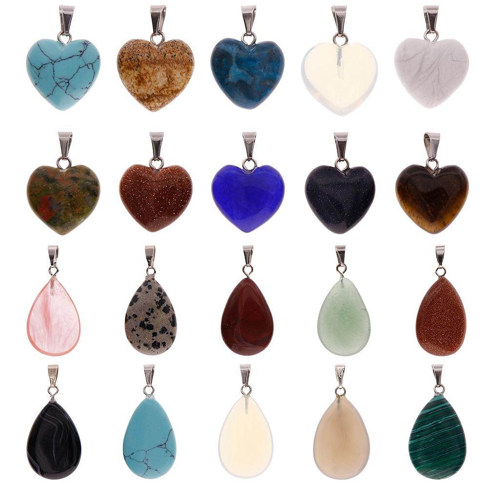 20 Pcs Heart and Waterdrop Stone Pendants Assorted Color Chakra Beads Crystal Charms for Jewelry Making