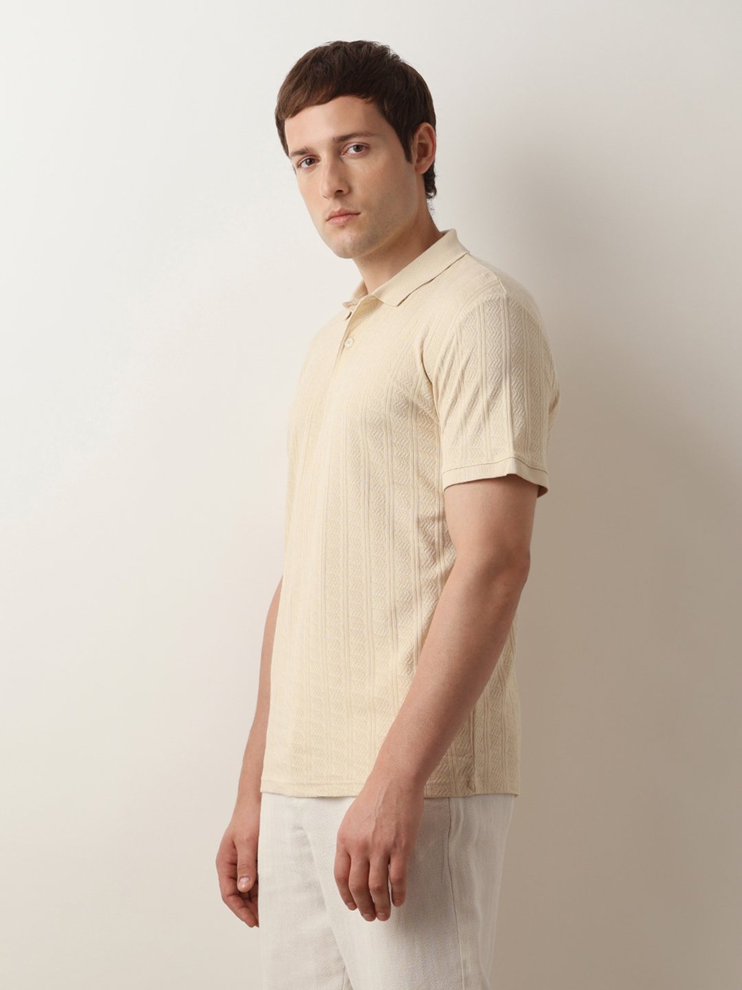SELECTED HOMME Beige Slim Fit Self Design Cotton Polo T-Shirt