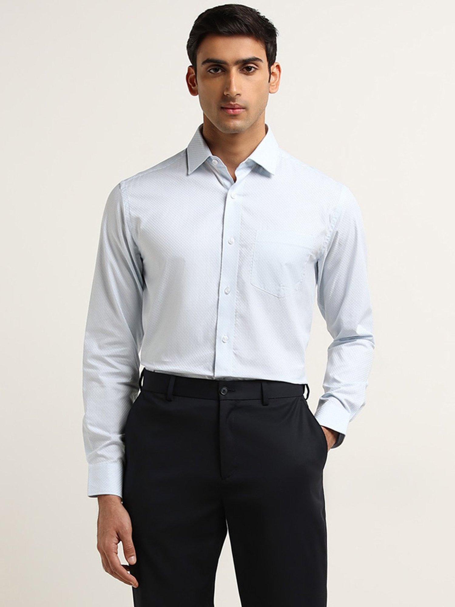 WES Formals by Westside Light Blue Checkered Print Relaxed Fit Shirt