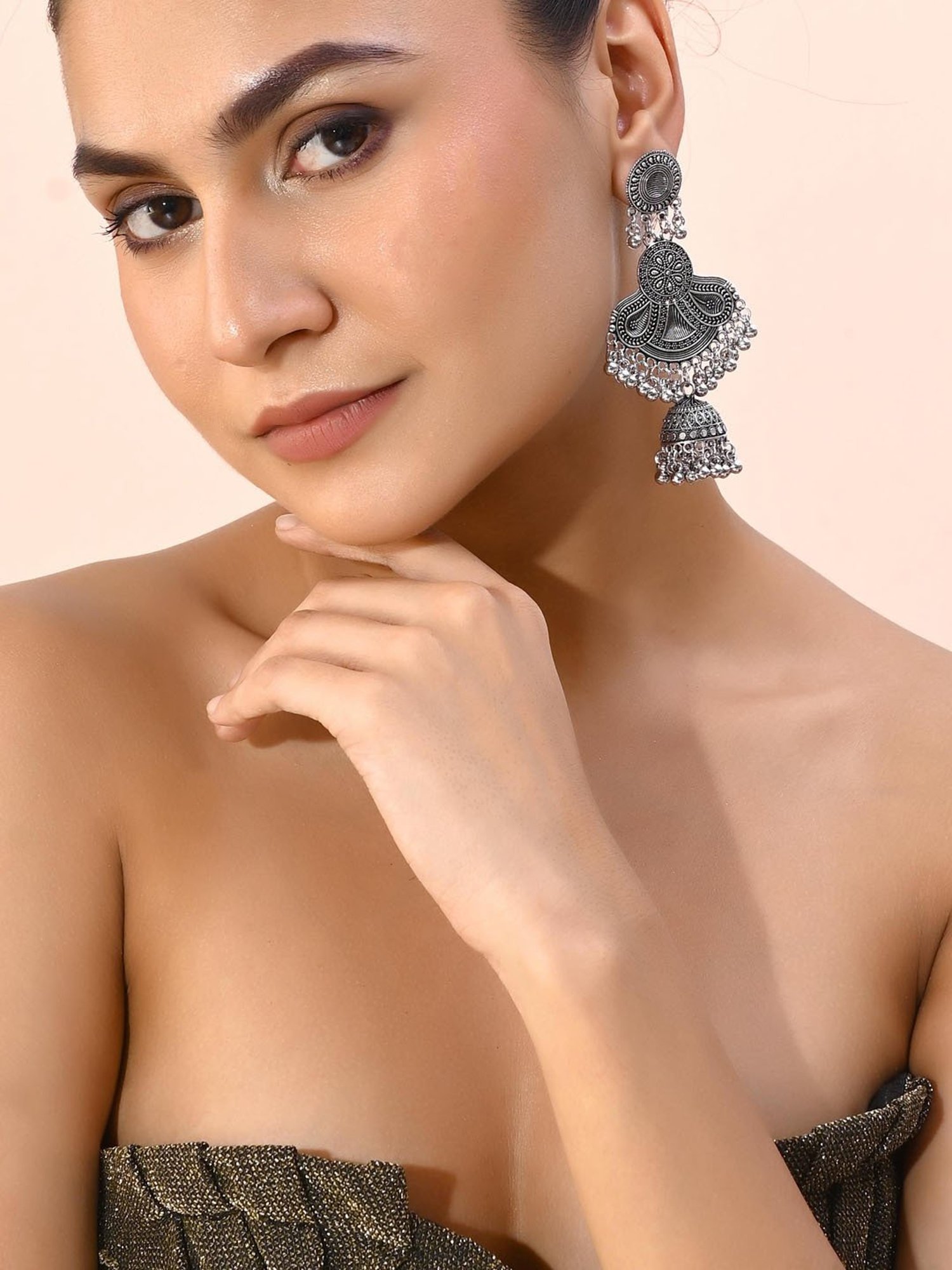 VOJ Silver Plated Oxidized Contemporary Jhumka Earrings for Women