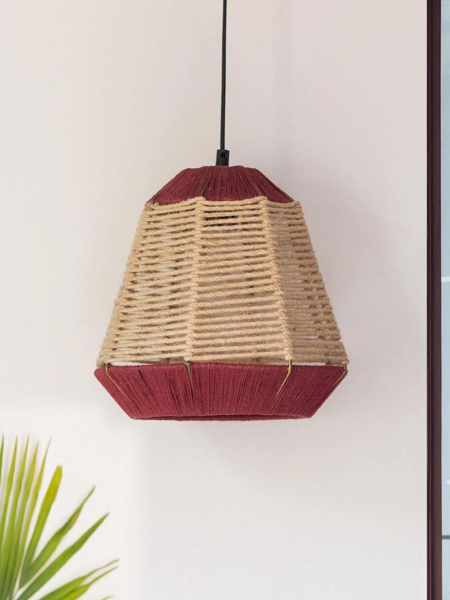 ExclusiveLane Fluorescence Maroon Jute Handwoven Hanging Pendant Lamp