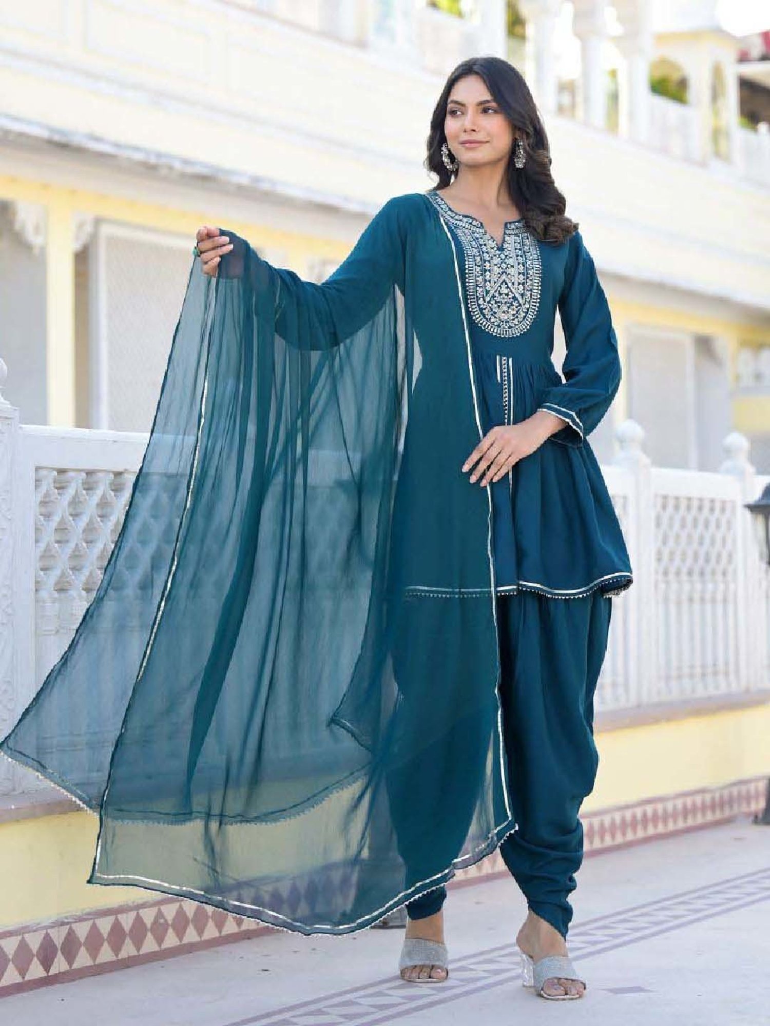Stylum Blue Embroidered Kurti Dhoti Pant Set With Dupatta