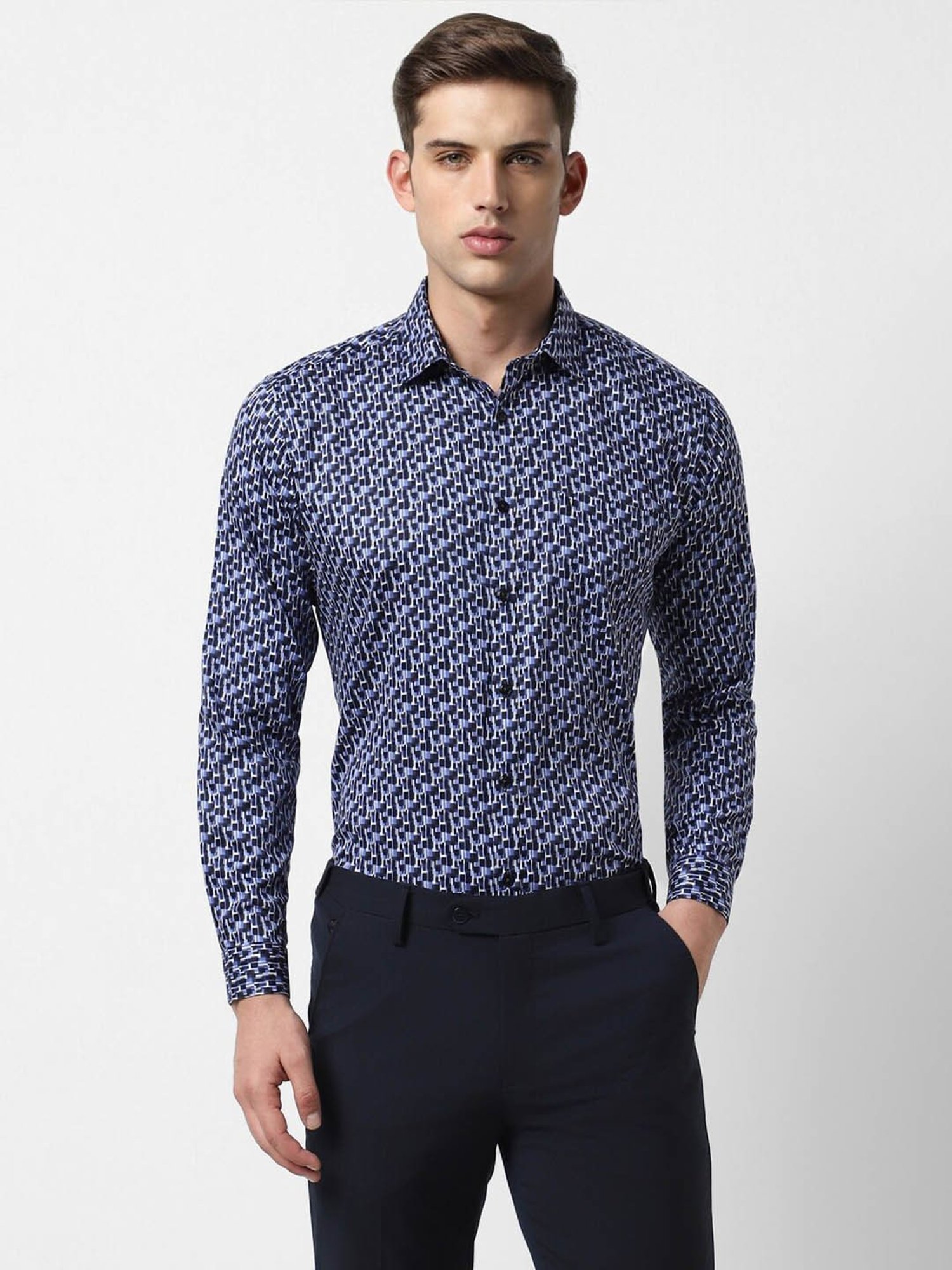 V Dot Mid Blue Slim Fit Printed Shirt