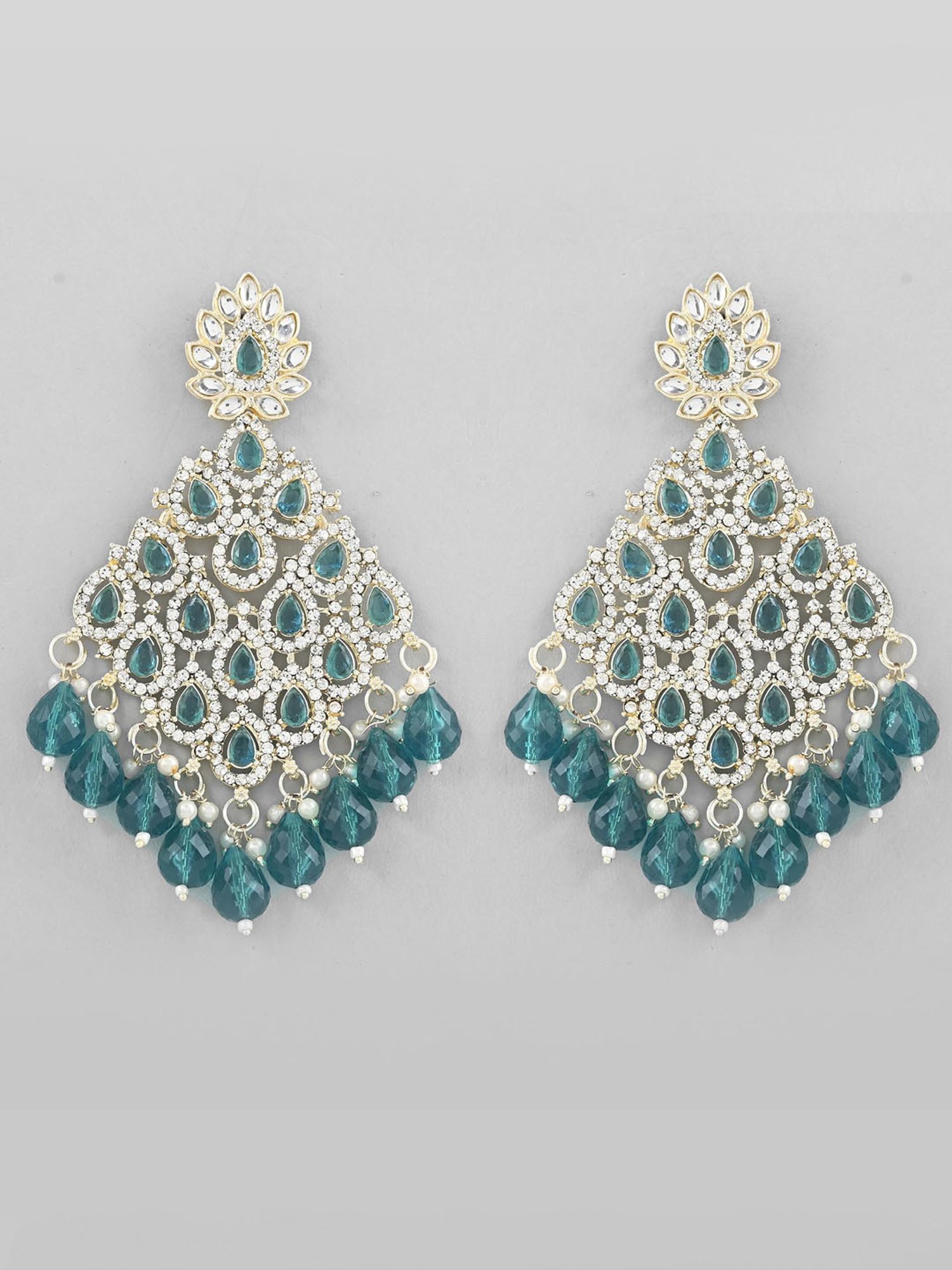 VOJ Traditional Gold Plated Green & White Ad Stone Statement Earrings for Women