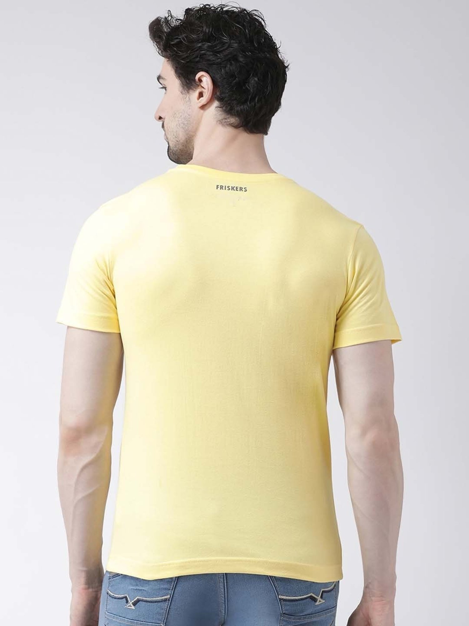 Friskers Yellow Cotton Slim Fit Printed T-Shirt