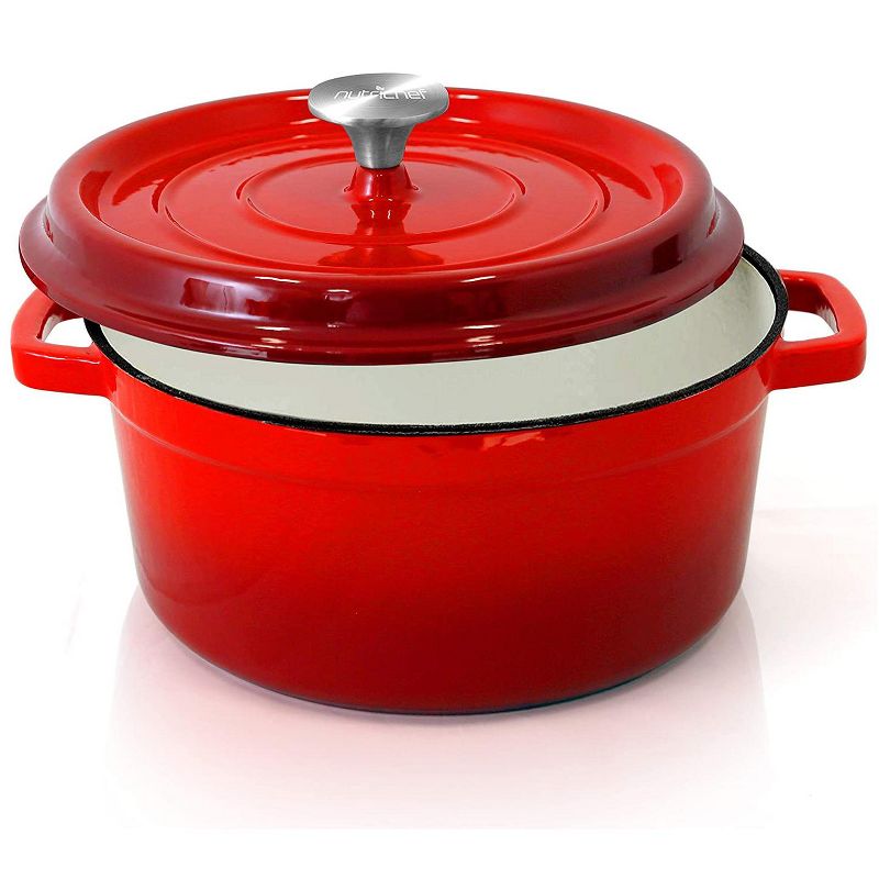 NutriChef NCCIEC45 5 Quart Non Stick Porcelain Enameled Round Cast Iron Dutch Oven with Self Basting Lid and Handles, Red (2 Pack)