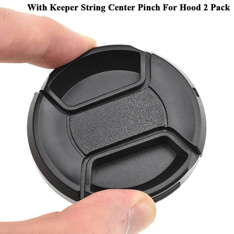 Lens Cap 52mm Snap On Center Pinch Front Camera Lens Cover Solid Plastic for Nikon Canon Sony DSLR Black Easy On Off No Dislodged with Keeper String Center Pinch for Hood 2 Pack