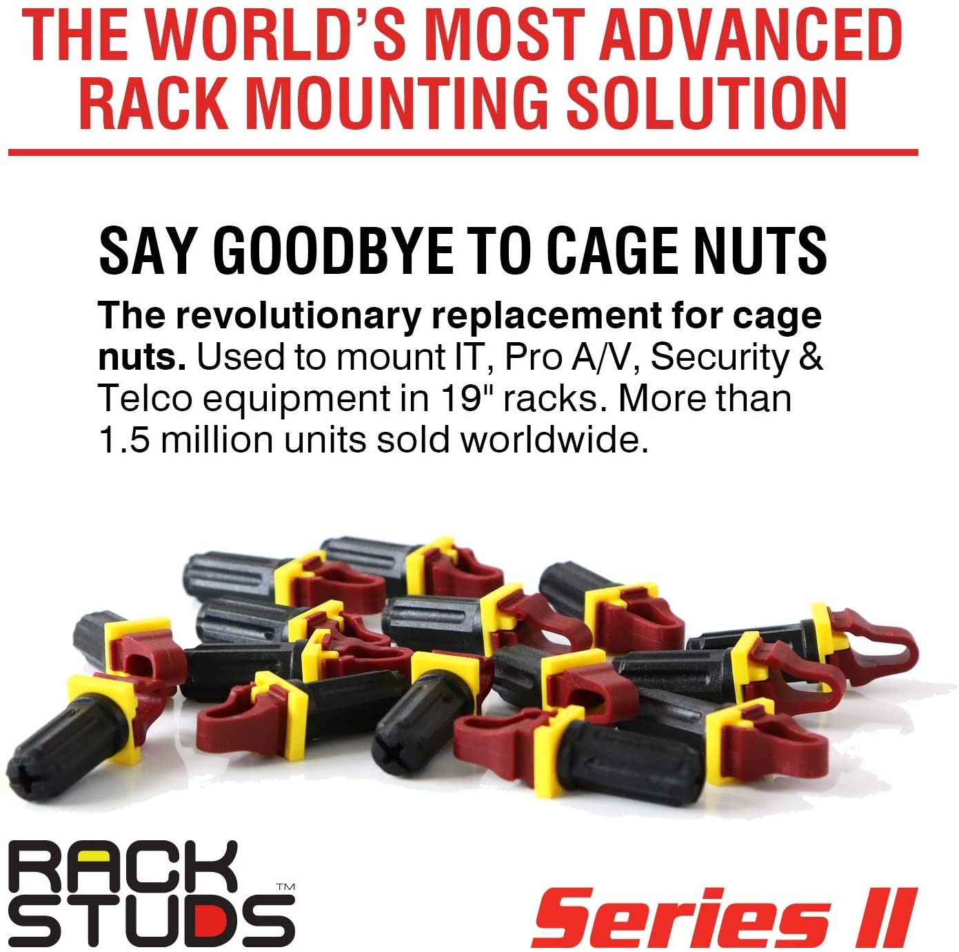 Rackstuds R100 Rack Mount Solution Series II &ndash; No More Cage Nuts! The Easiest and Safest Server Rack Solution in 19" Racks with Square Punched Vertical Rails | 100-pack, Red, 2.2mm/0.086" Version
