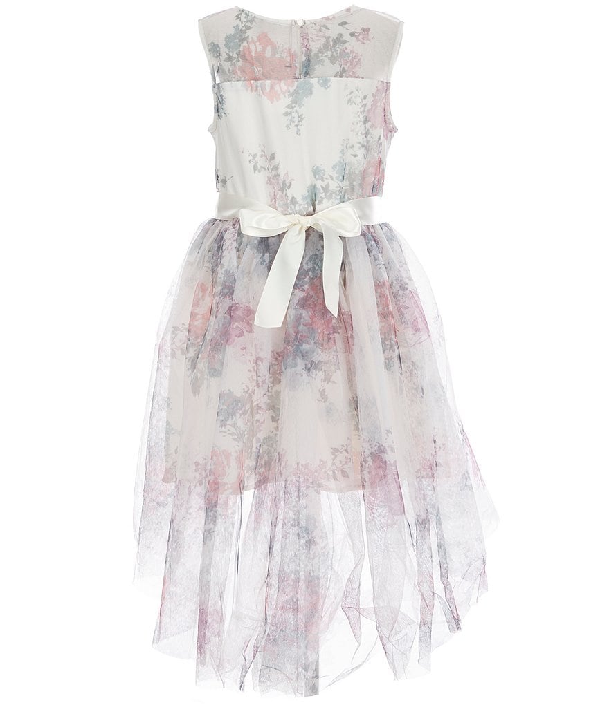 Zunie Big Girls 7-16 Sleeveless Floral Print Tie-Waist High-Low Hem Mesh Party Dress