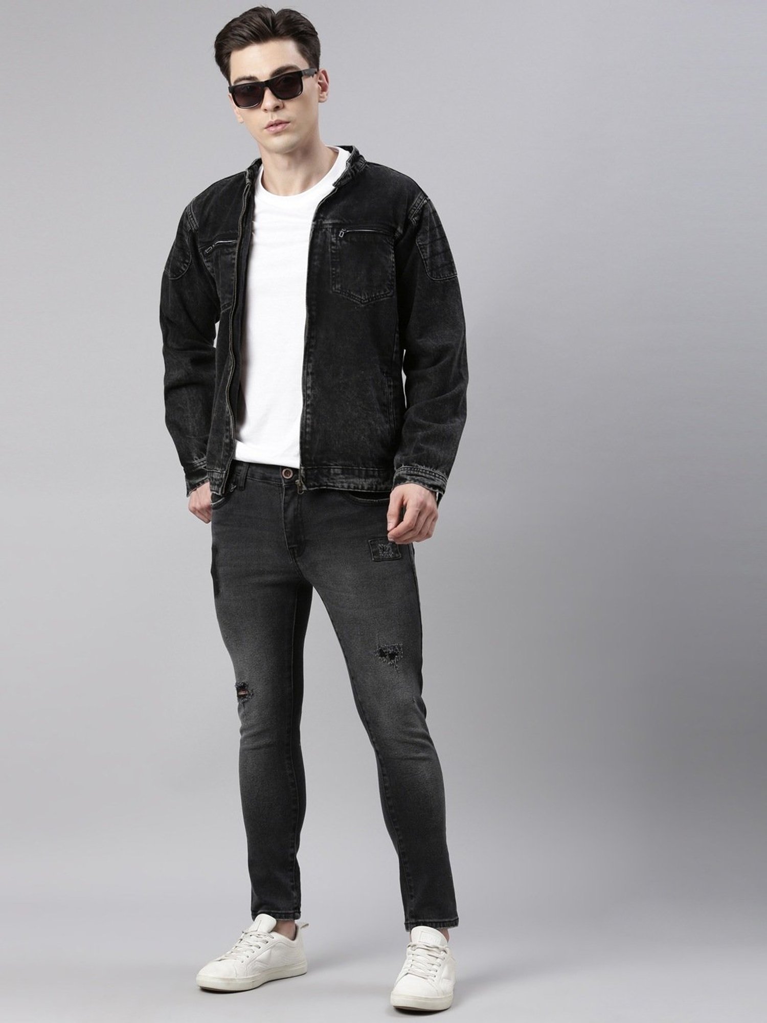 CINOCCI Black Cotton Slim Fit Denim Jacket