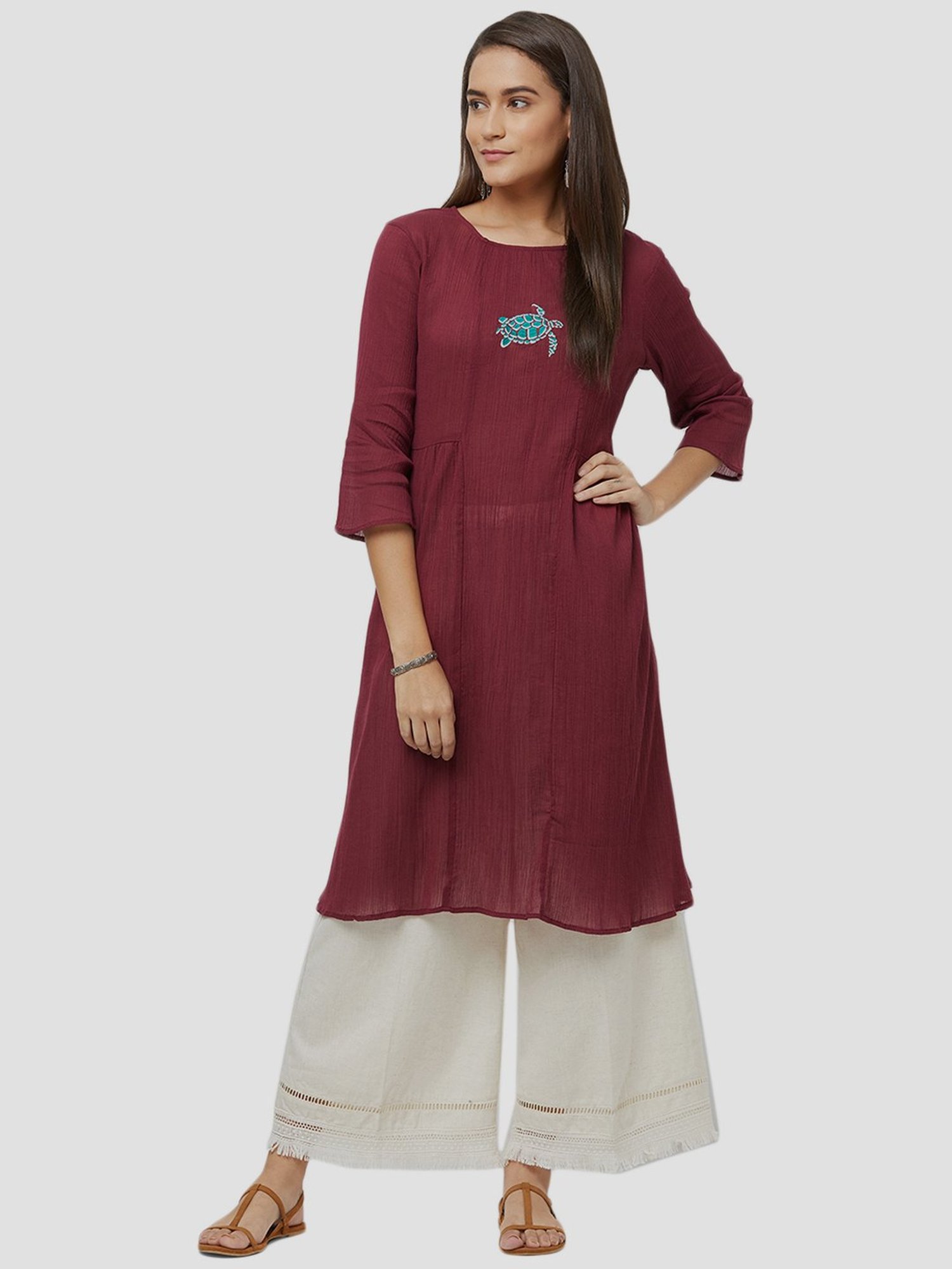 Fusion Beats Light Grey Embroidered A Line Kurta