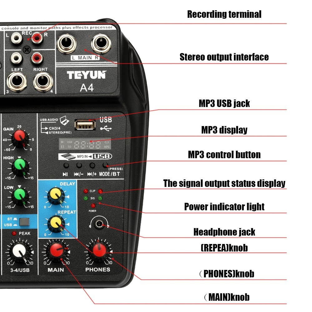 TU04 BT Sound Mixing Console Record 48V Phantom Power Monitor AUX Paths Plus Effects 4 Channels Audio Mixer with USB