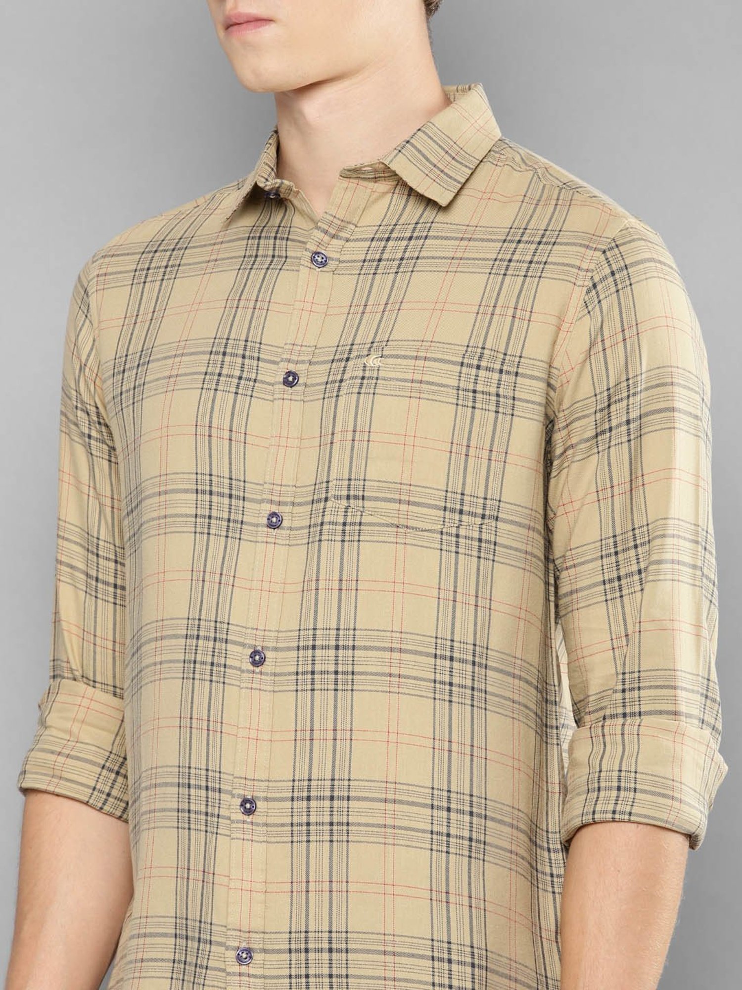 Allen cooper Beige Regular Fit Check Cotton Shirt