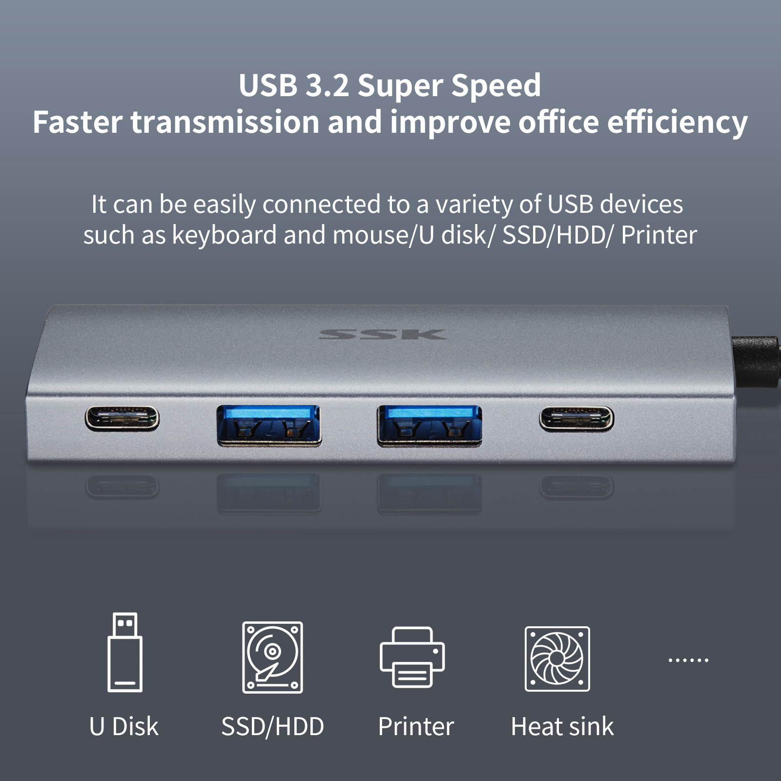 SSK USB C 10Gbps Hub, 4-in-1 SuperSpeed USB 10Gbps Type C Multiport Adapter with 2 USB C 2 USB A 3.1/3.2 Gen2 10Gbps Ports,USB C Dock for iMac/MacBook/Pro/Air/Surface Pro and More Type C Devices