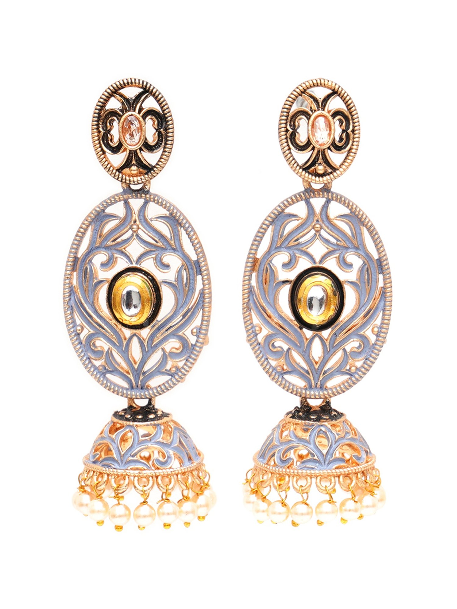 Karatcart Gold-Plated Grey Meena Dangler Jhumki Earrings for Women