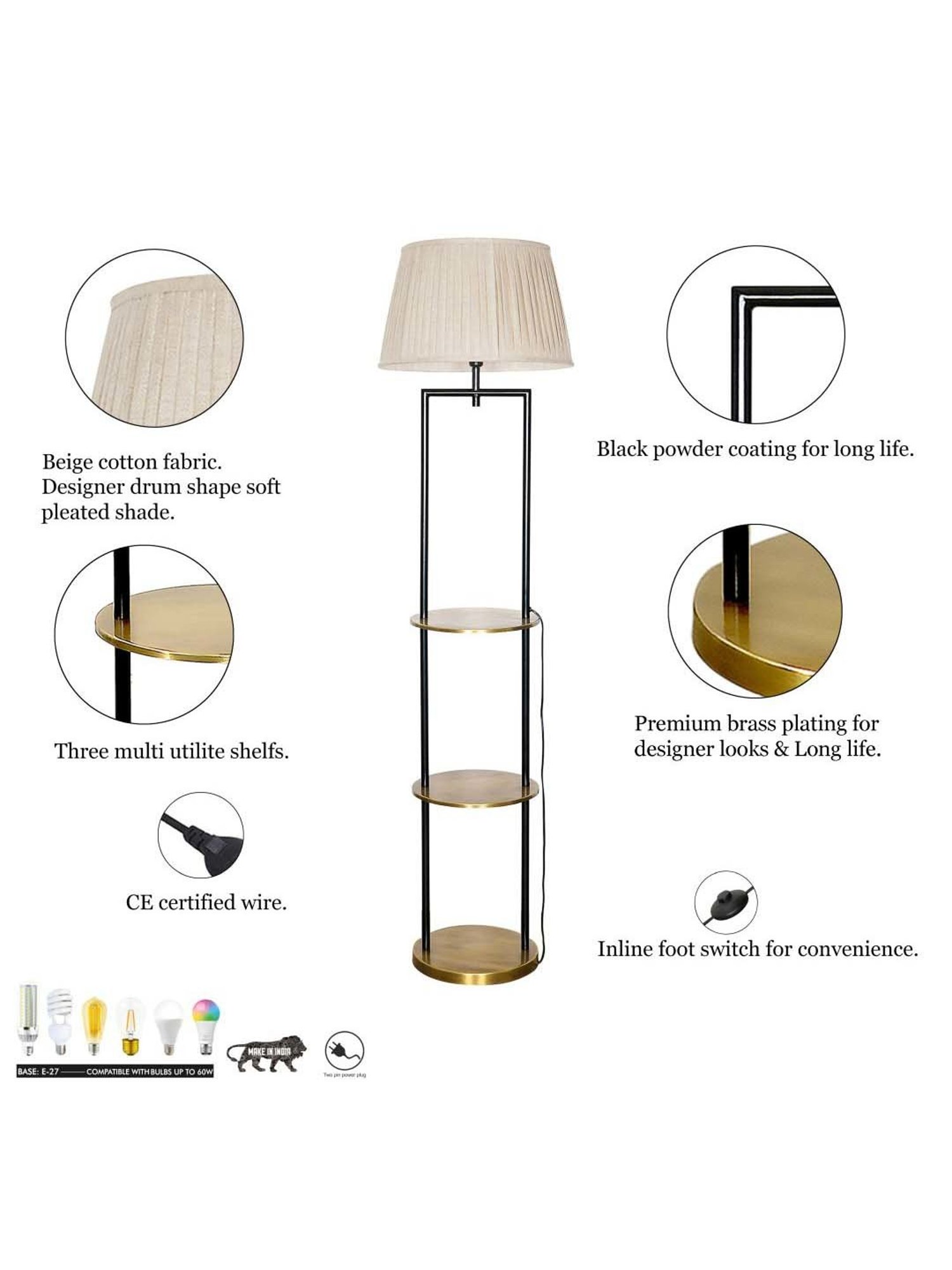 Kapoor E Illuminations Gallow Brass & Black Metal Multiutility Shelf Floor Lamp