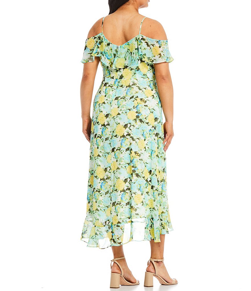 London Times Plus Size V-Neck Floral Ruffle Cold Shoulder Short Sleeve Midi Dress