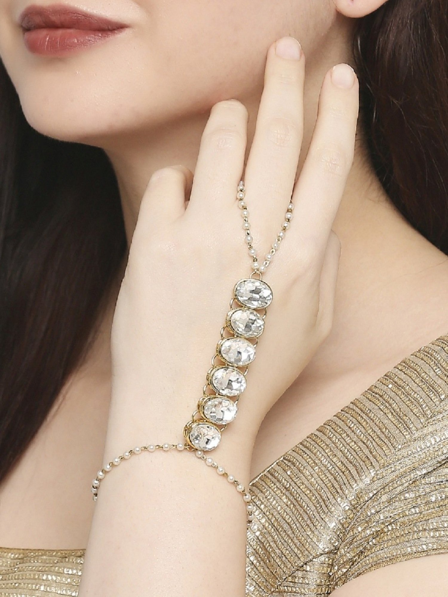 Oomph Gold Tone Kundan & Pearls Statement Ethnic Hand Harness