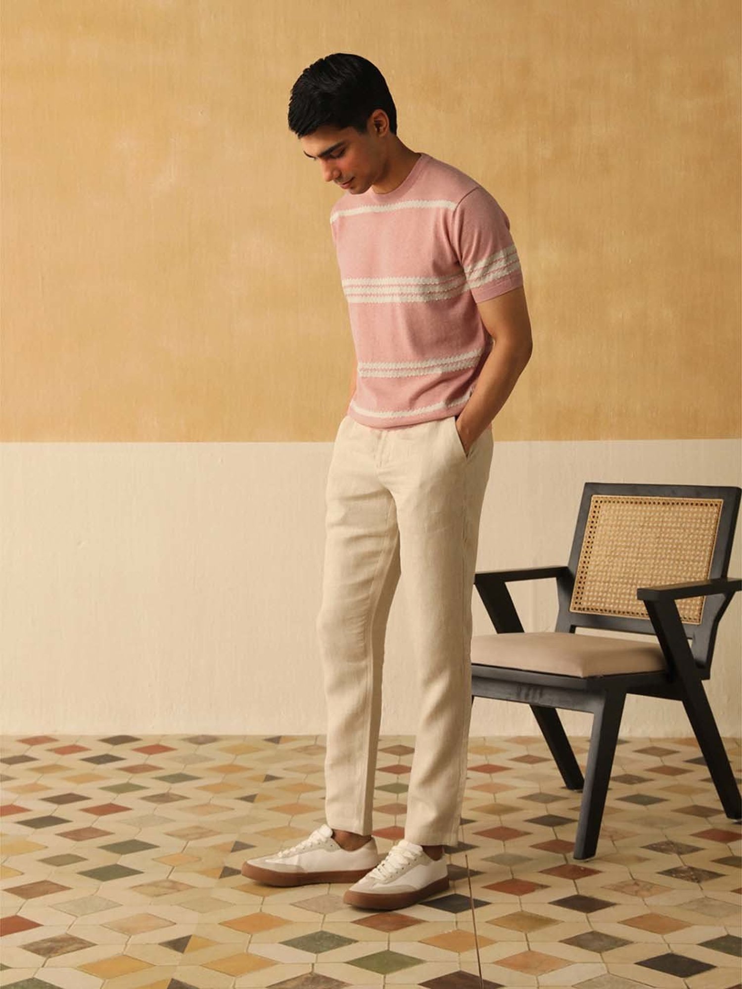 Andamen Pink Cotton Regular Fit Striped T-Shirt