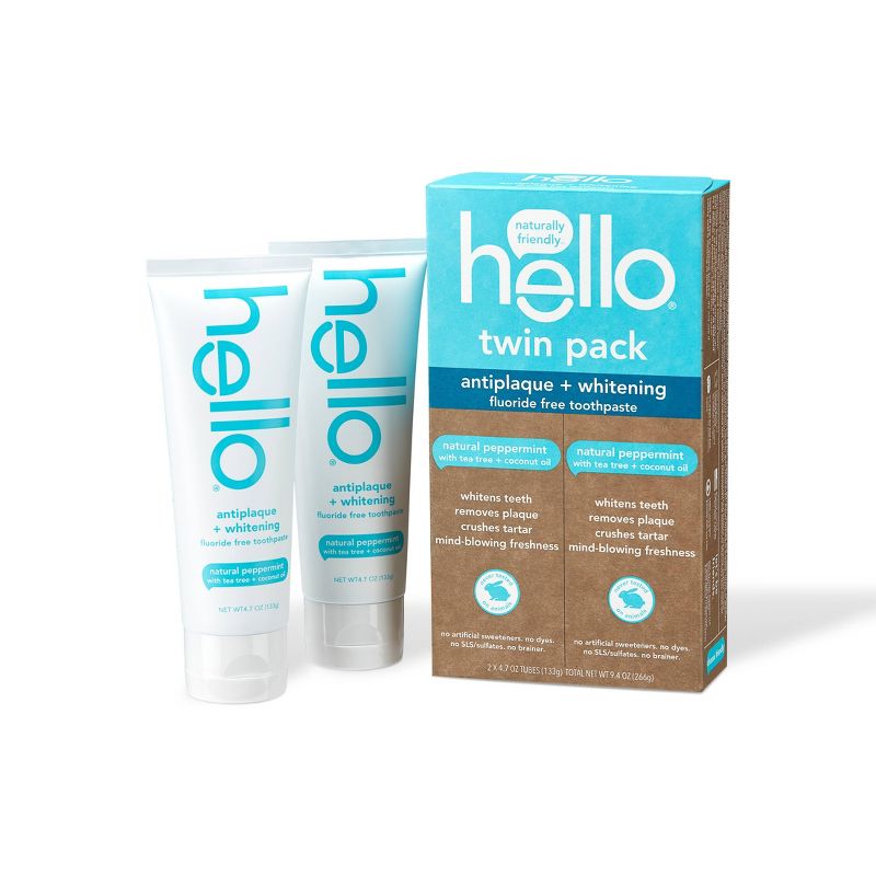 hello Antiplaque + Whitening Toothpaste - Natural Peppermint Vegan & SLS Free - 9.4oz/2pk