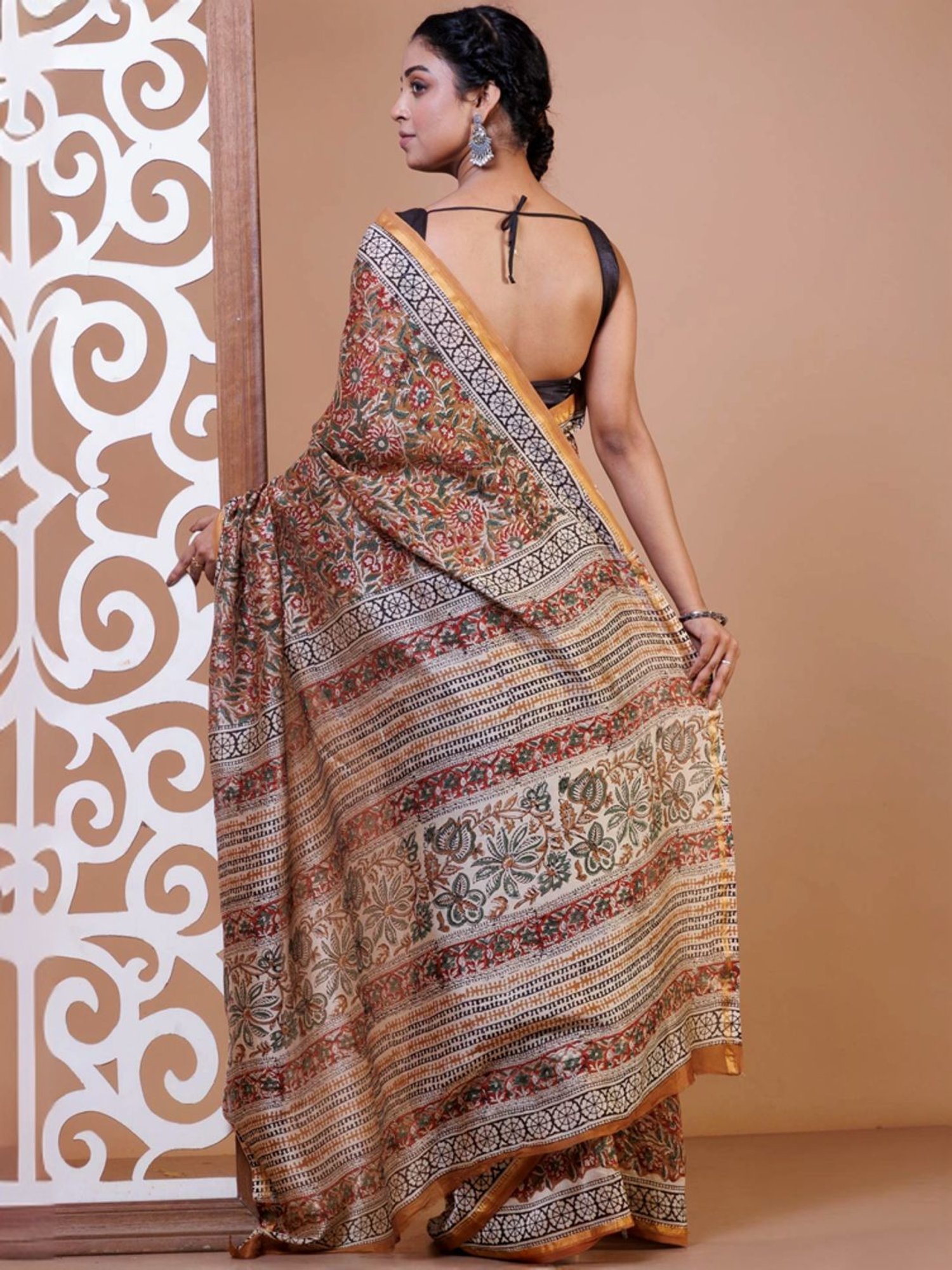 Unnati Silks Brown Floral Print Saree With Unstitched Blouse