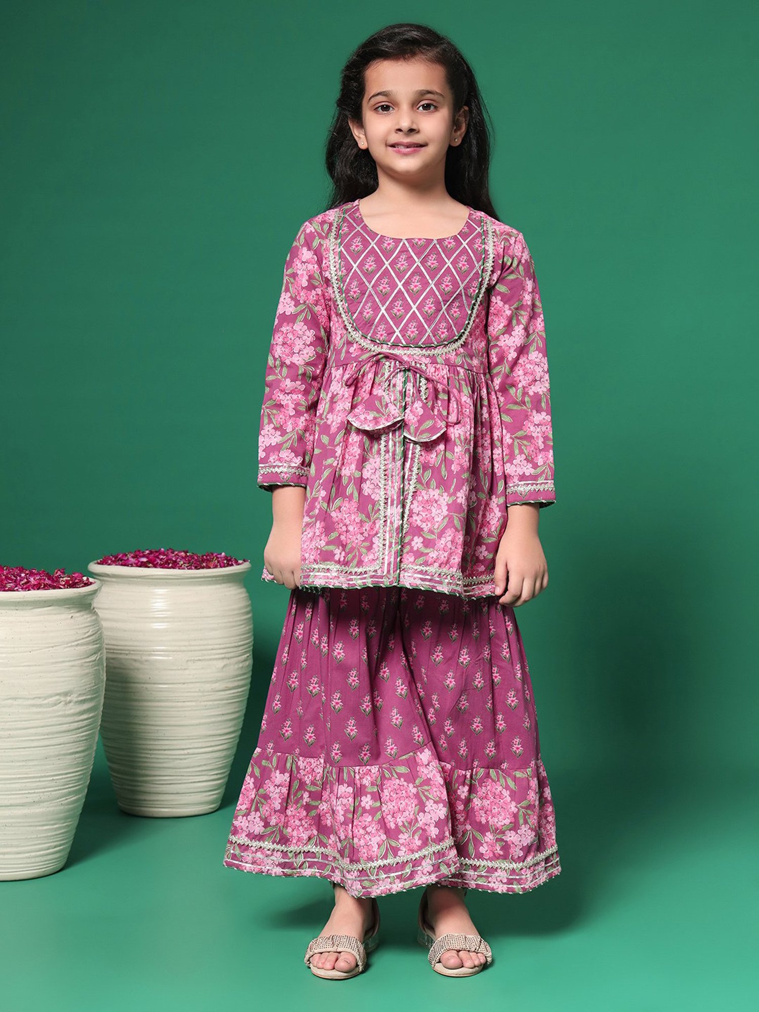 READIPRINT FASHIONS Kids Maroon Floral Print Kurti with Gharara
