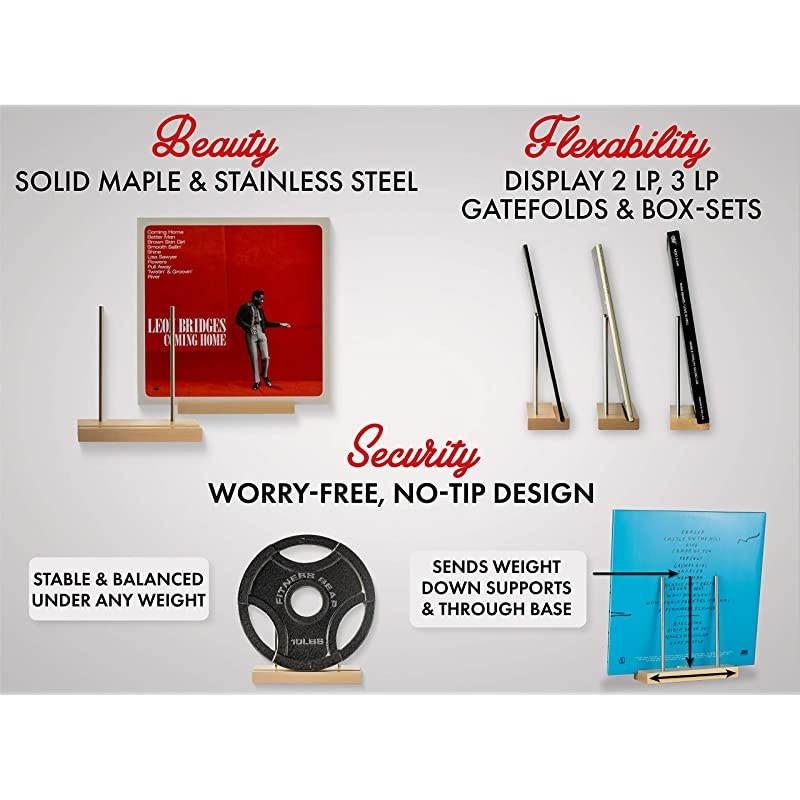 Tabletop Record Display Now Playing Vinyl Record Stand Modern Attractive Sculpted Hardwood Stainless Steel Holds Thick 2X Gatefold LPs Securely Maple
