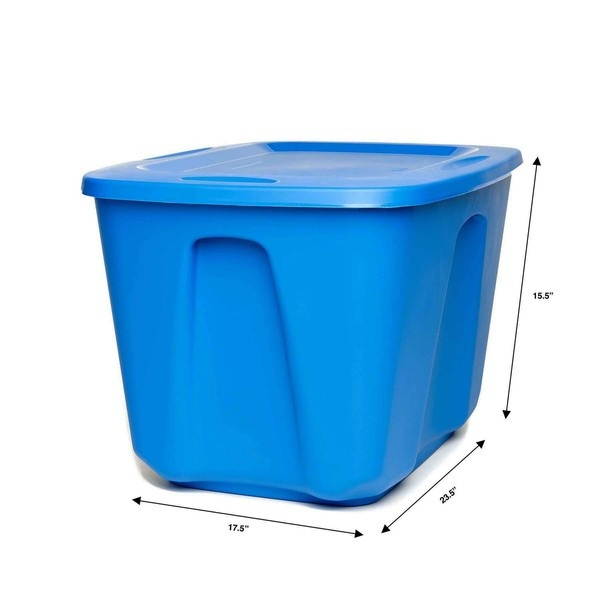 homz plastic storage tote with lid, 18 gallon, blue, stackable, 4pack