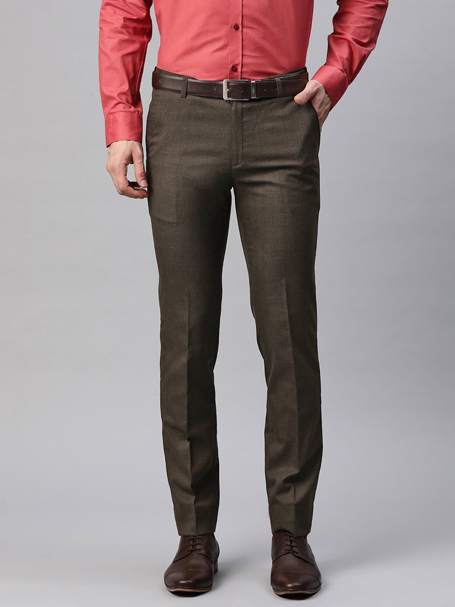 ManQ Dark Brown Slim Fit Flat Front Trousers