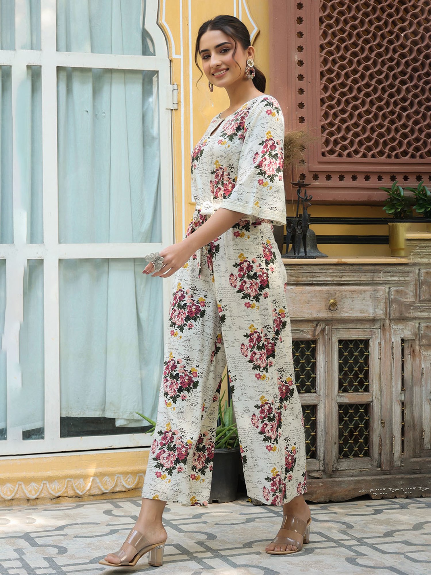 Juniper Off-White Floral Printed Rayon Slub Jumpsuit With Zip Closure