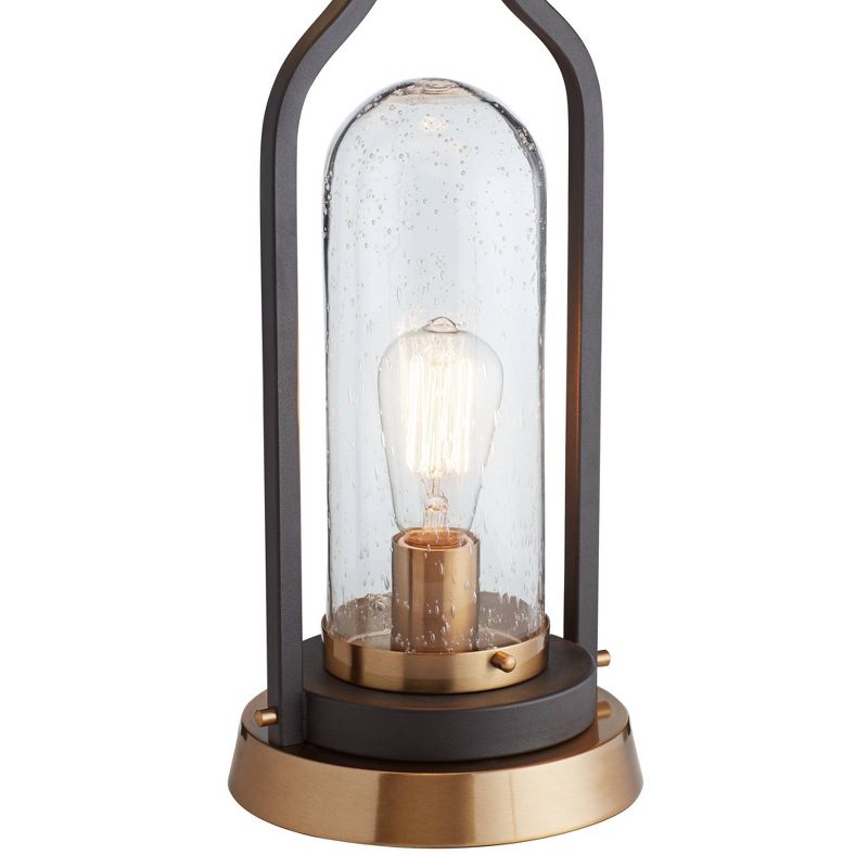 Franklin Iron Works Industrial Farmhouse Table Lamp with Nightlight LED Bronze Brass Seeded Clear Glass Drum Shade for Living Room