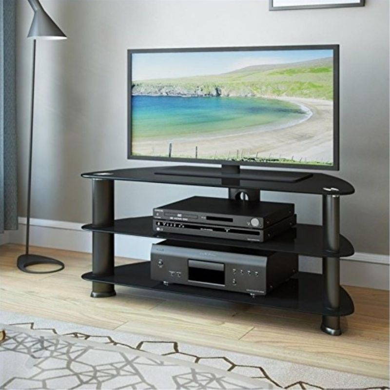 corliving laguna satin black corner tv stand glass shelves, for tv up to 50"