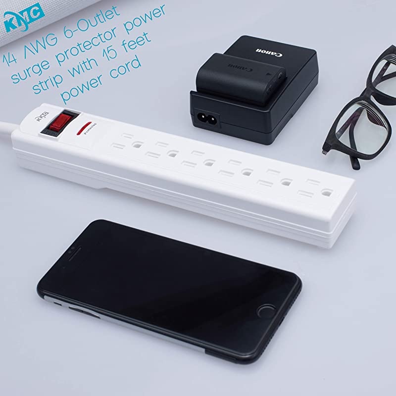 6-Outlet Surge Protector Power Strip with 15-Foot Cord, 1200 Joule, Overload Protection