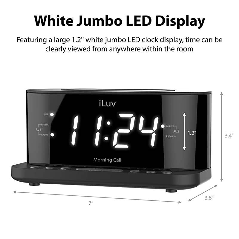 Morning Call 5 Qi-Certified Wireless Charging Bedside Digital Alarm Clock, 1.2" Jumbo LED Dual Alarm, FM Radio with 10 Presets, USB Charging Port, Sleep Timer, 3-Level Dimmer, Battery Backup