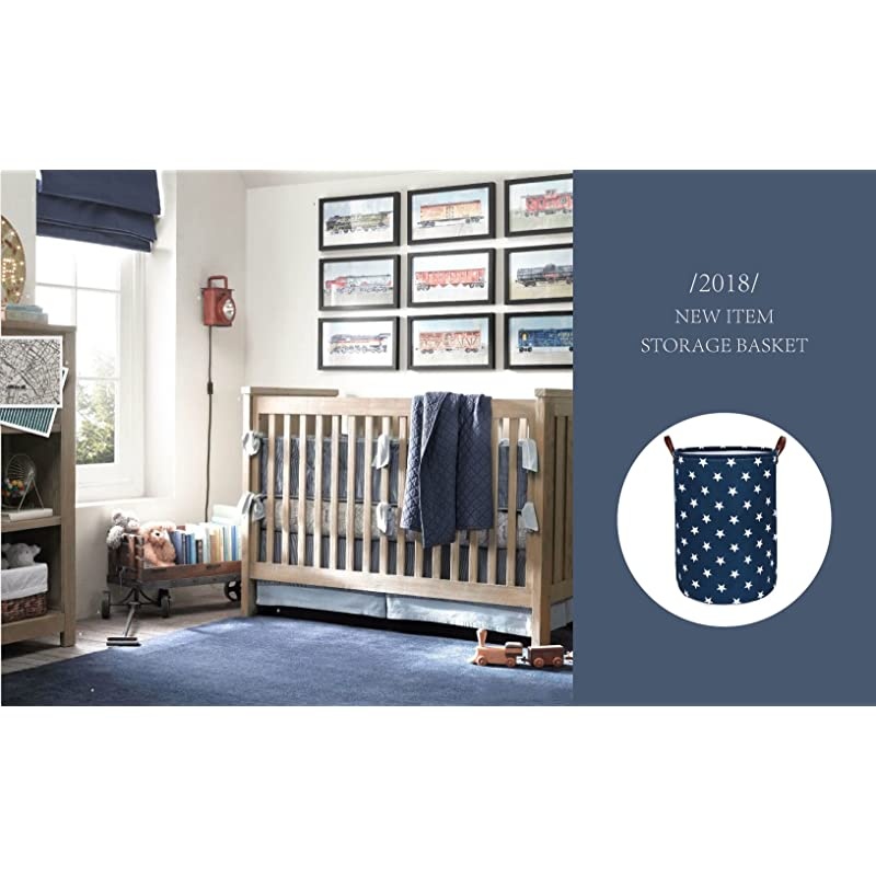 22-Inches Freestanding Laundry Basket with Lid, Collapsible Extra Large Drawstring Clothes Hamper Storage with Handle (Blue Star, XL)