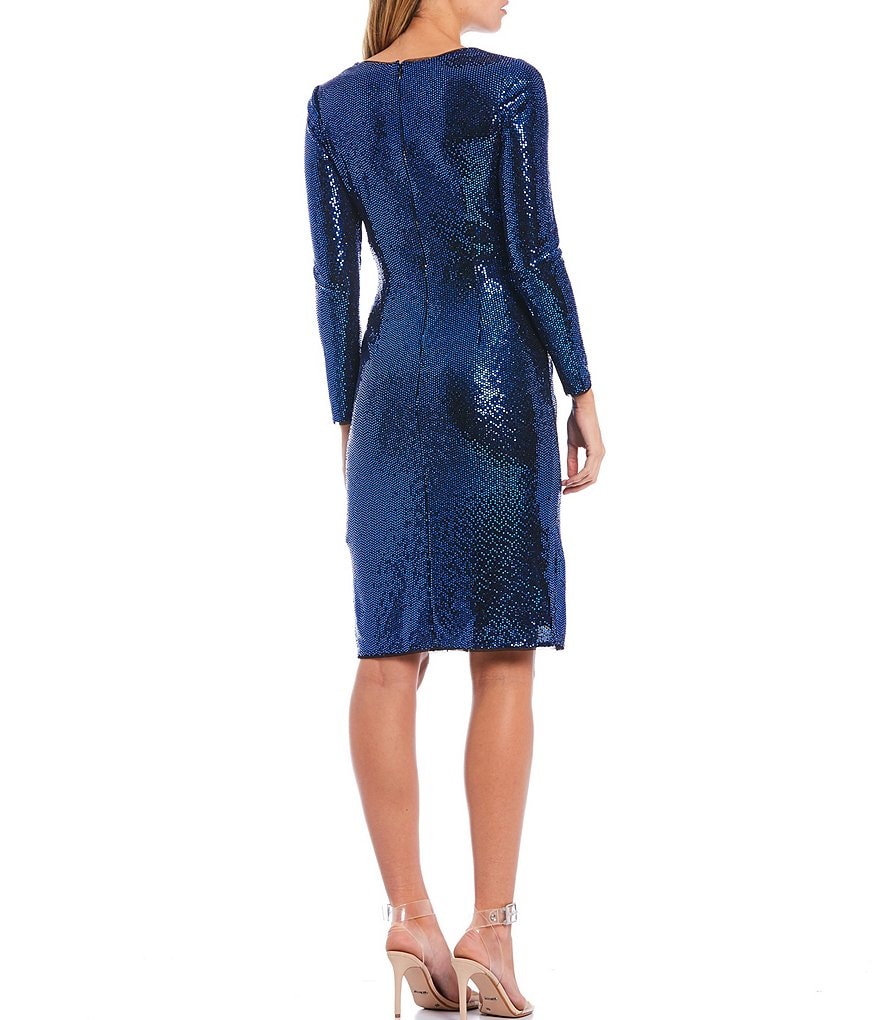 Aidan Aidan Mattox Deep V-Neck Long Sleeve Draped Stretch Metallic Sparkle Knit Sheath Dress
