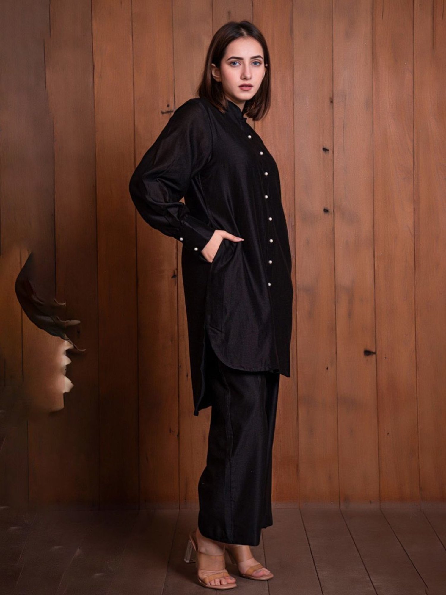 Eeshva India Black Solid Chanderi Kurta with Pant