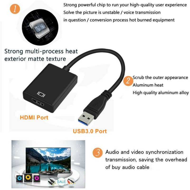 AY17A USB 3.0 to HDMI Converter Cable Display Graphic Adapter fr HDTV HD 1080P without Audio Support for Windows 7/8/10 PC