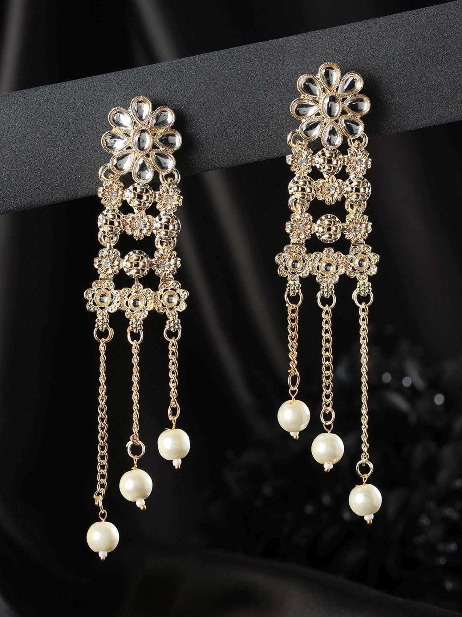 Priyaasi Studded Flower Pearl White Dangler Earrings