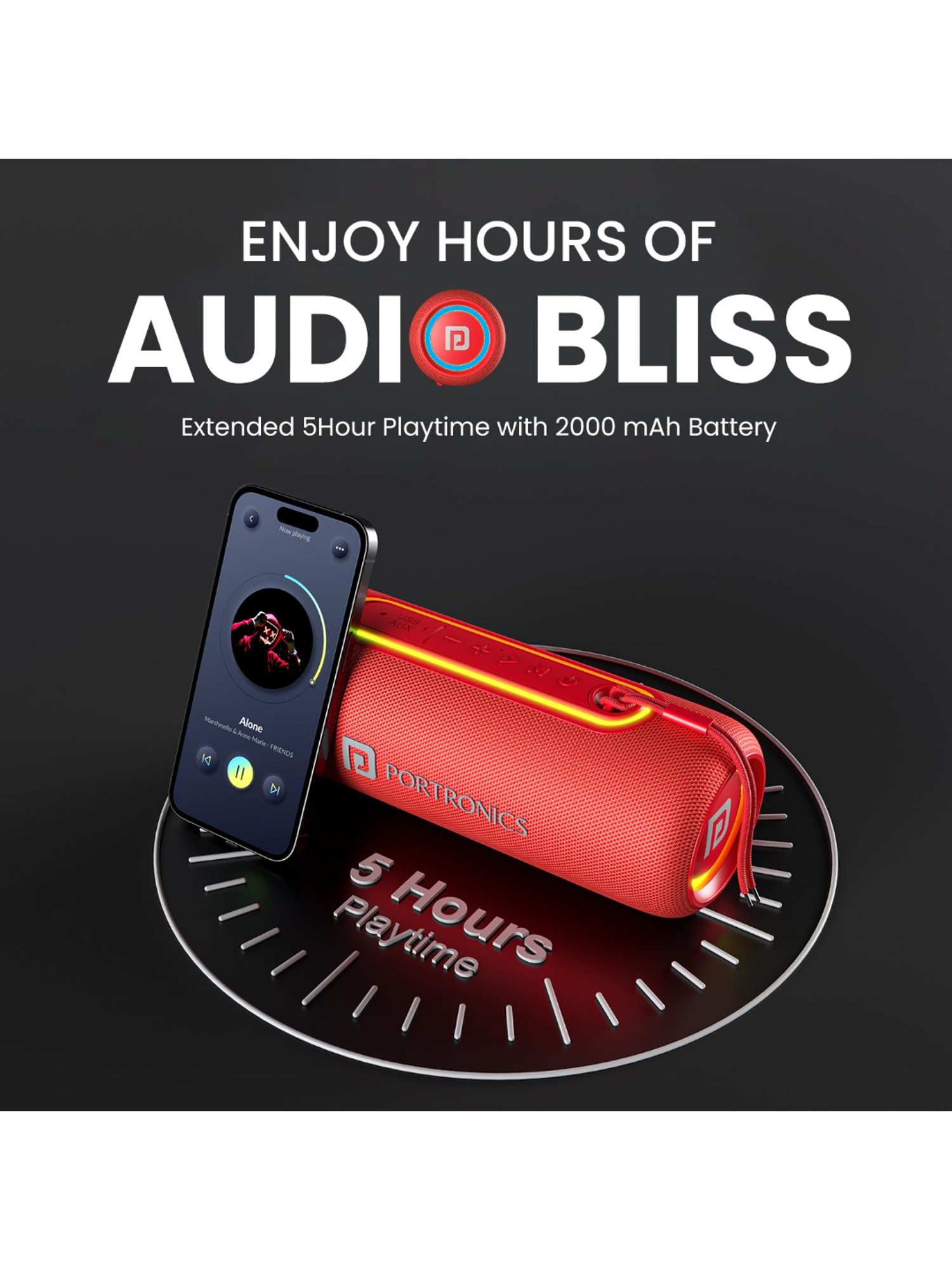 Portronics Resound 2 15W HD Sound Portable Wireless BT Speaker with RGB Lights (Red)