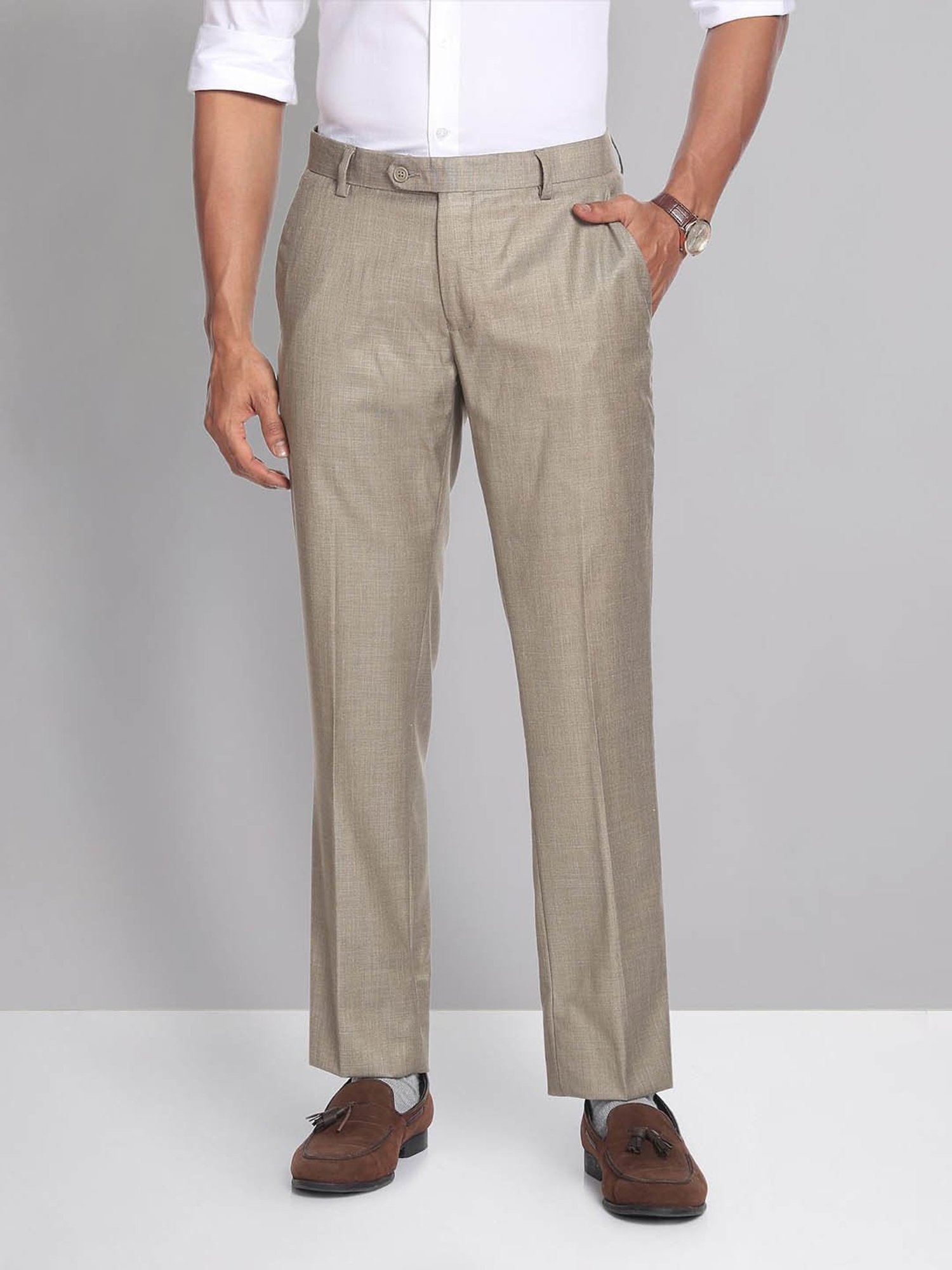 AD by Arvind Khaki Regular Fit Flat Front Trousers