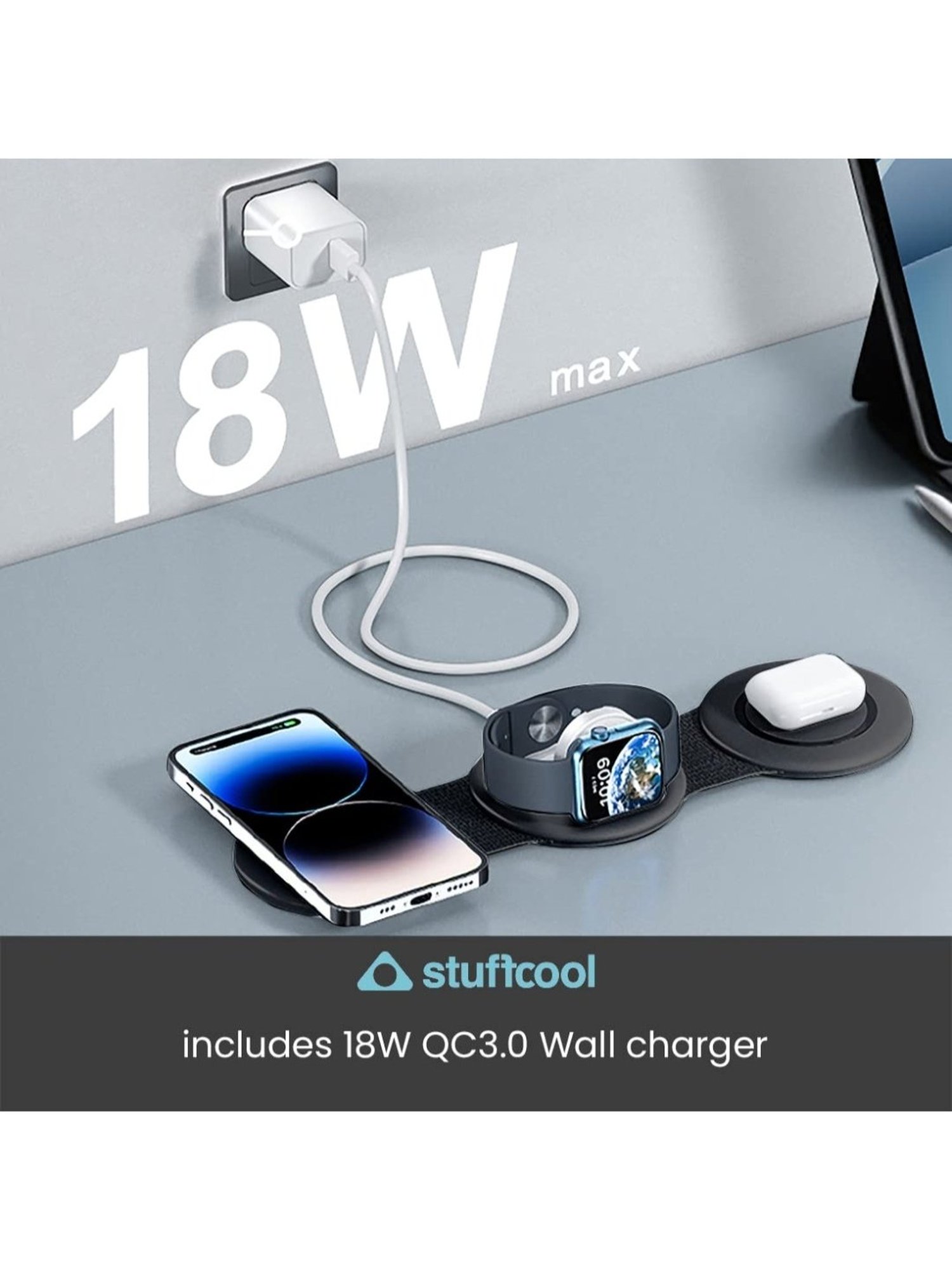 Stuffcool Stack 3 in 1 Foldable Magnetic Wireless Charging Station with 18W (Black)