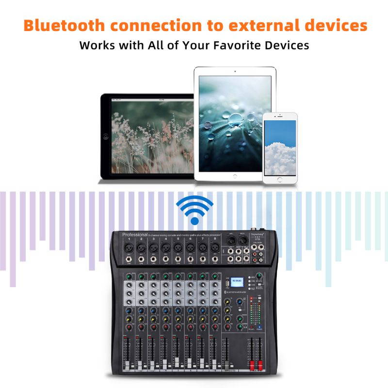 Depusheng DT8 Professional Mixer Sound Board Console 8 Channel Desk System Interface Digital USB Computer MP3 Input 48V Phantom Power Stereo DJ Studio FX Steel Chassis,Black