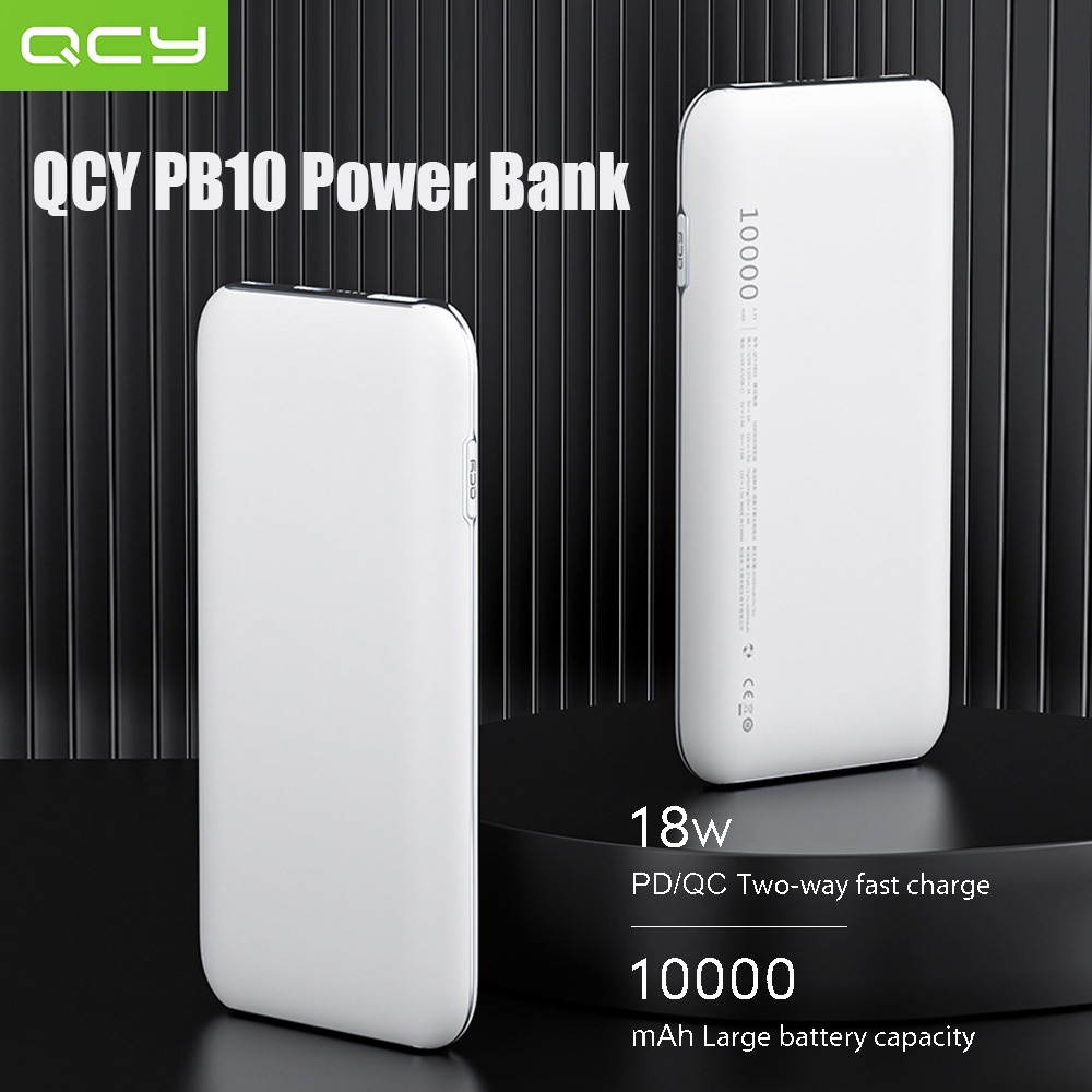 QCY PB10 Portable Charger 10000mAh PD USB-C Power Bank 18W Power Delivery Ultra-Compact Battery Pack Dual-input & Dual-output High-Speed Charging Technology Phone Charger Compatible with iPhone