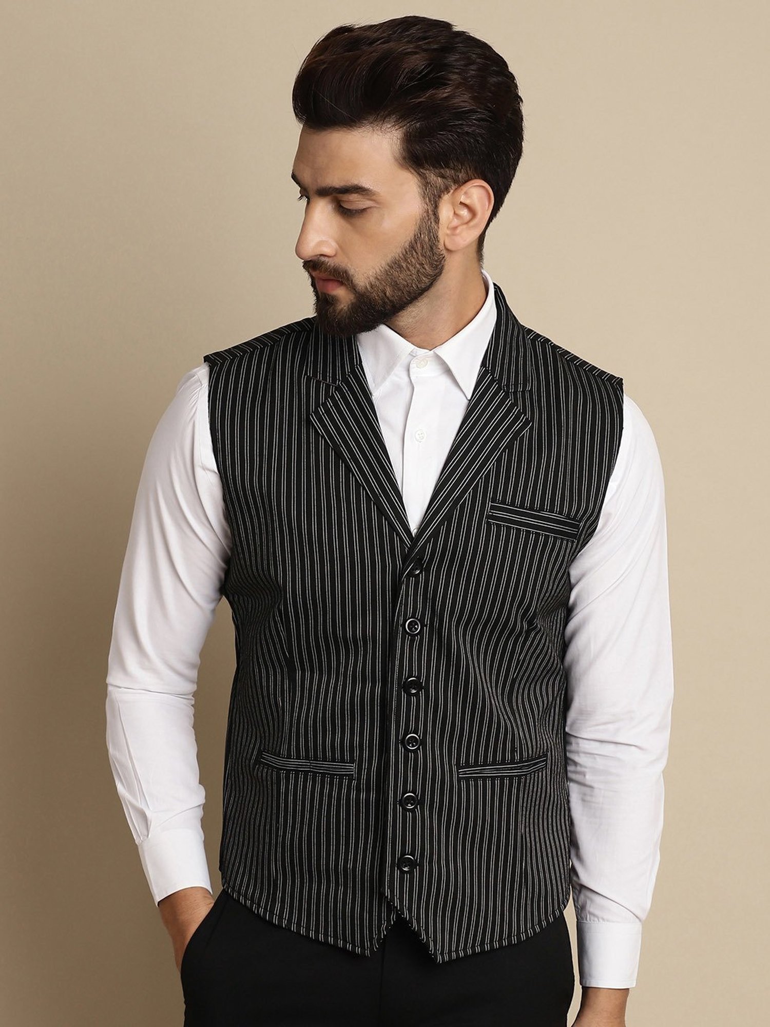Even Black Regular Fit Striped Notch Lapel Waistcoat