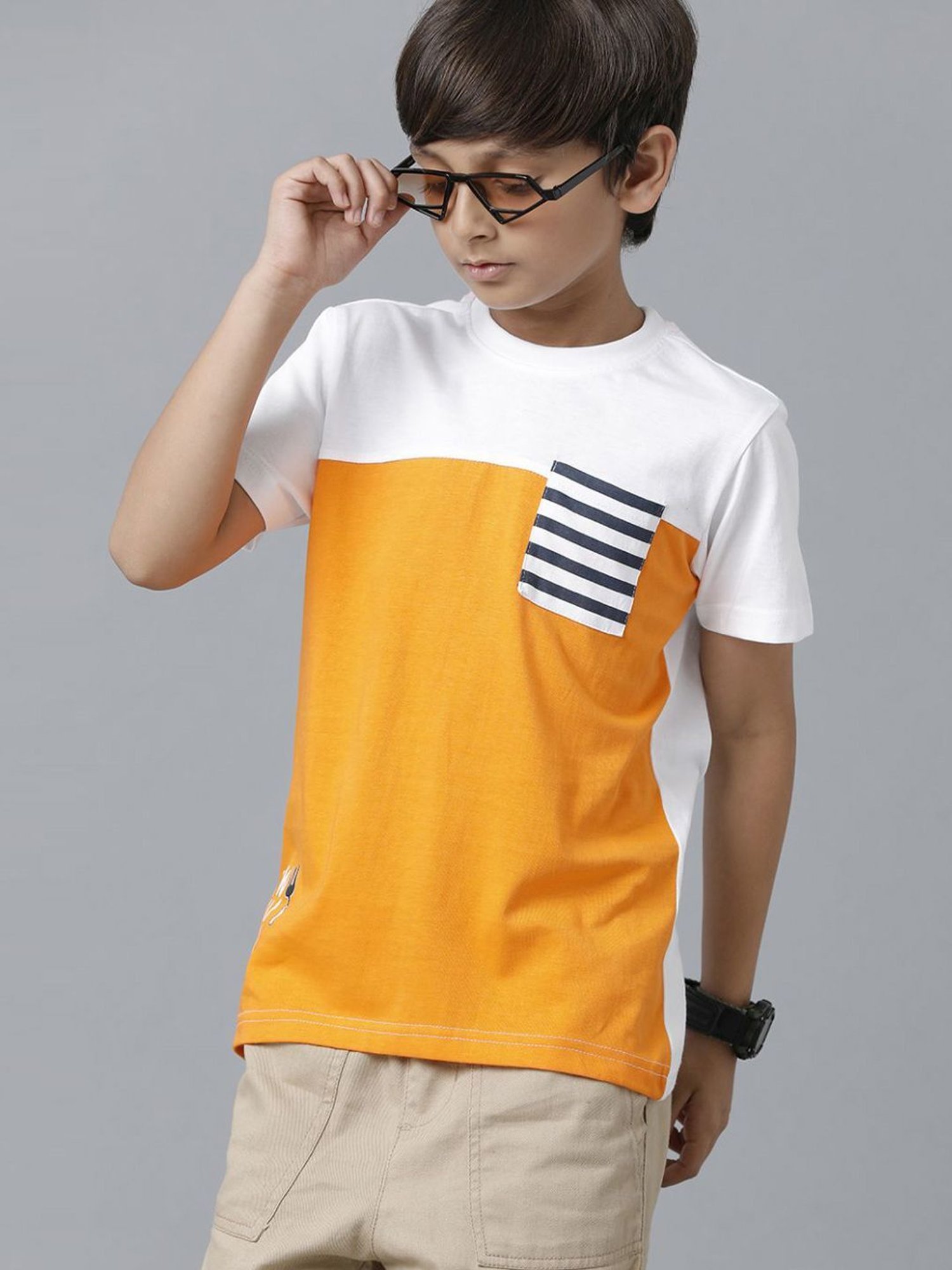 Under Fourteen Only Kids White & Orange Cotton Color Block T-Shirt