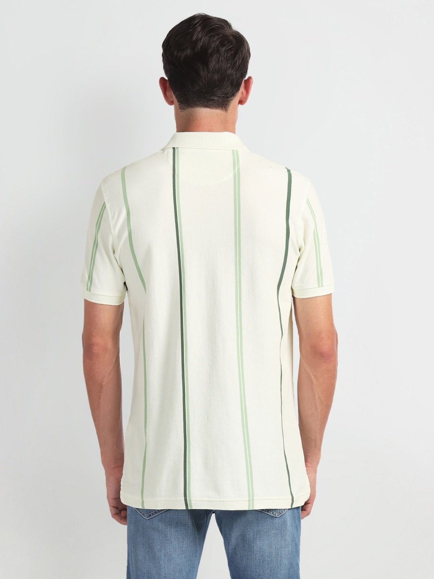 Arrow Sports Green Cotton Regular Fit Striped Polo T-Shirt