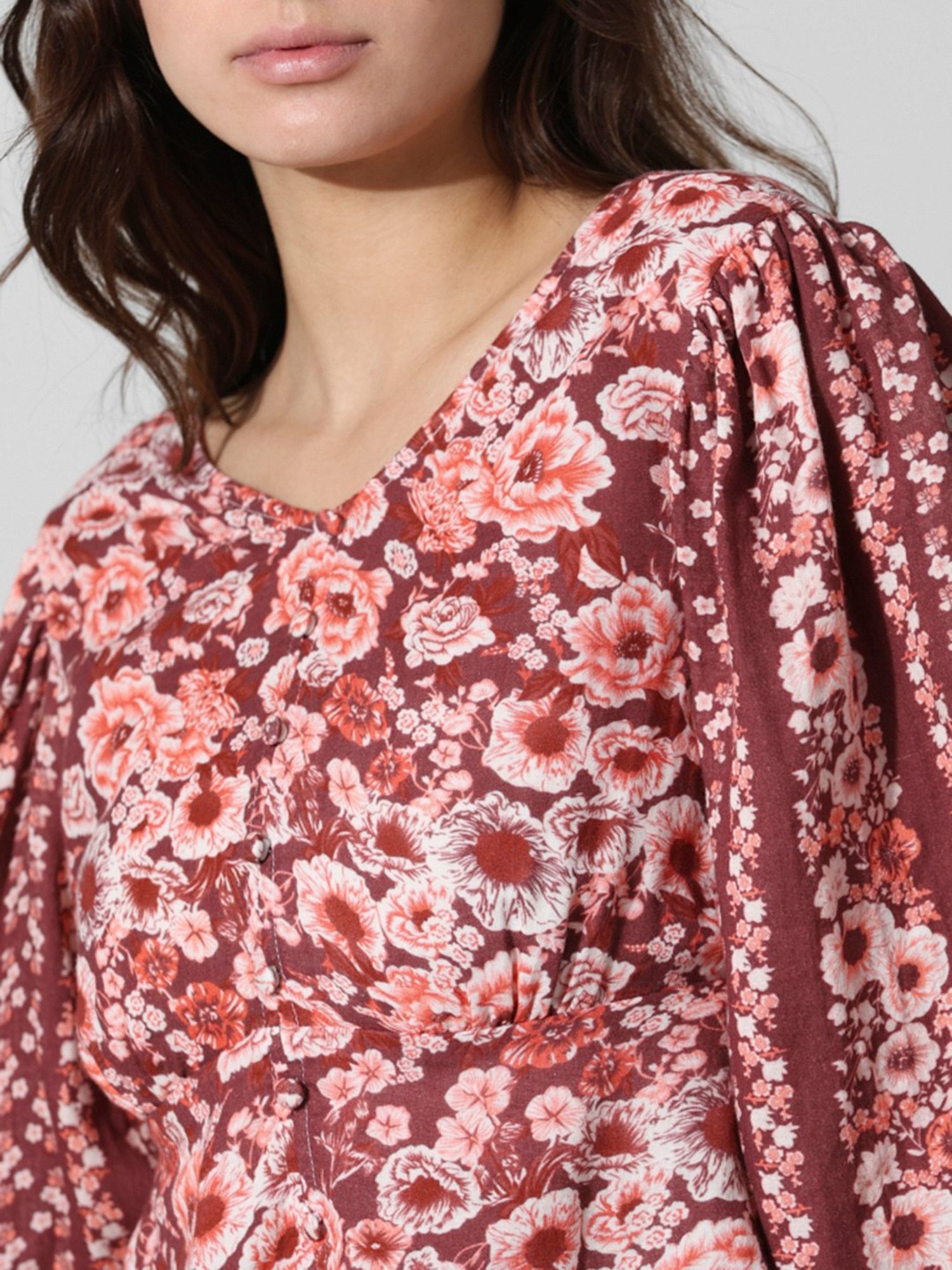 Only Maroon Cotton Floral Print Peplum Top